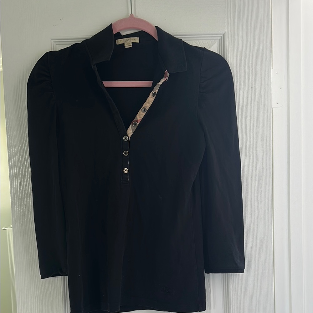 Burberry Black Fitted 3/4 Sleeve Polo Button Down Shirt